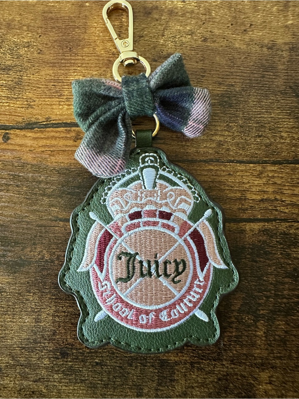 Juicy Couture Green & Pink Embroidered Crest & Bow Bag Charm Keychain NWOT